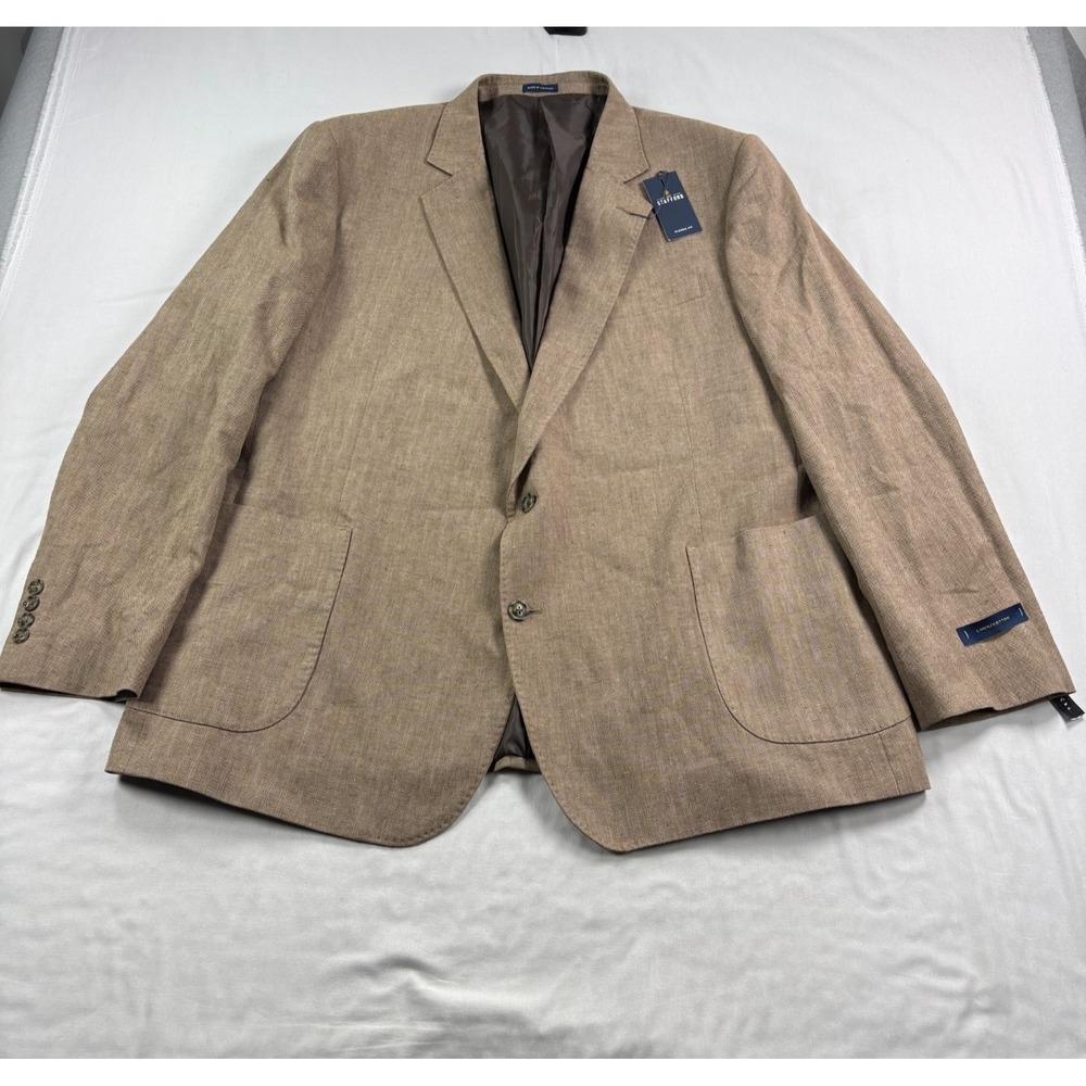 Stafford Blazer Mens 52R Brown Herringbone Linen Blend Coat Classic Fit NEW